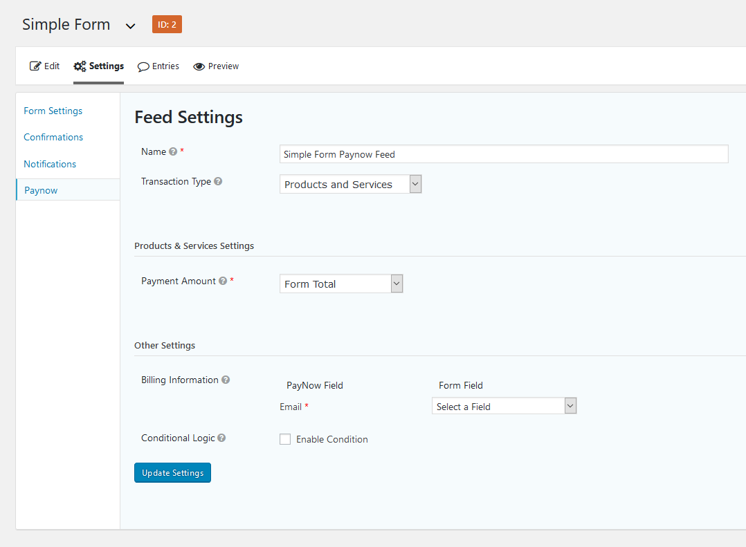 Paynow Feed settings